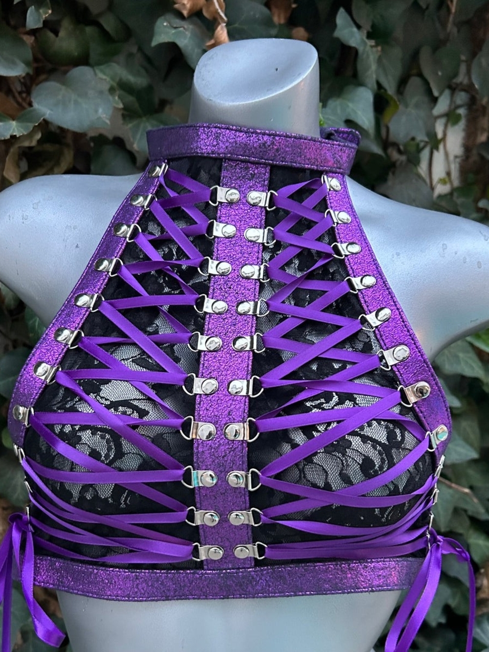 Knight Beauties Purple Lace-Up Leather Halter Bralette